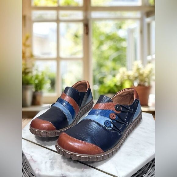 Spring Step Leather Color Block Button Slip-On Sneakers Neeta Navy Size EU 40